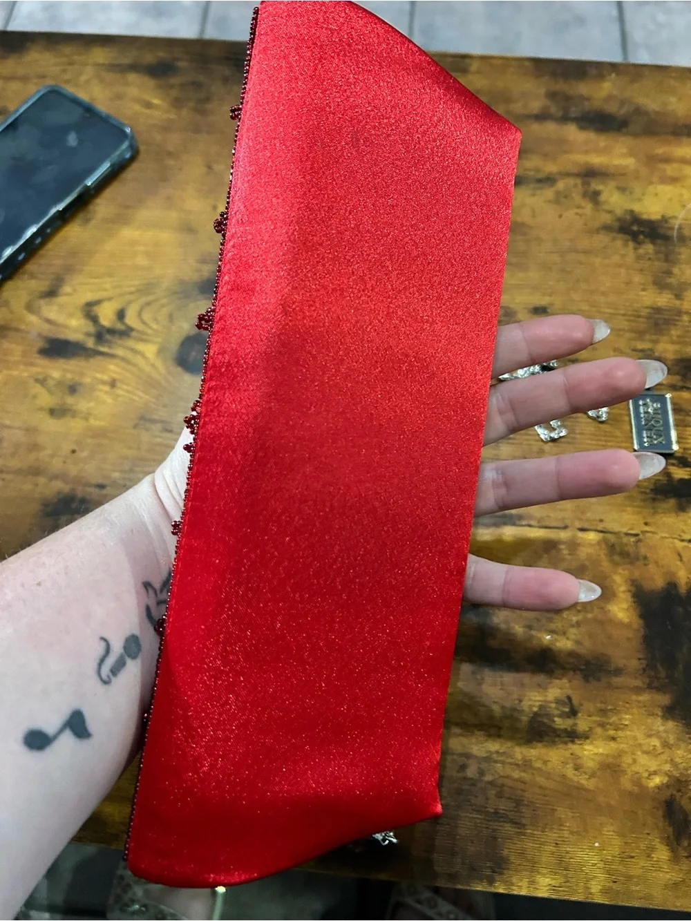 Bijoux Terner Red Beaded Evening Clutch with Chain